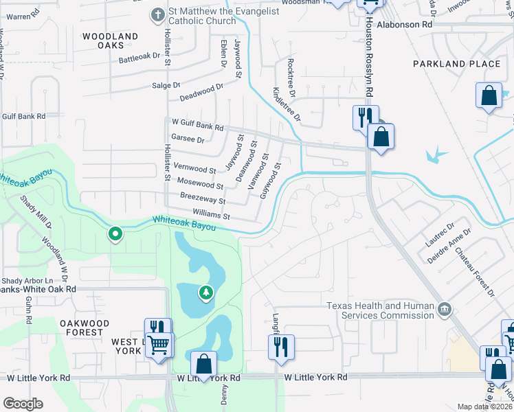 map of restaurants, bars, coffee shops, grocery stores, and more near 9231 Vanwood Street in Houston