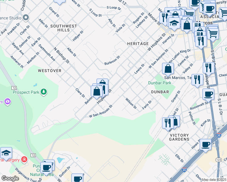 map of restaurants, bars, coffee shops, grocery stores, and more near 1131 Hopkins Street in San Marcos