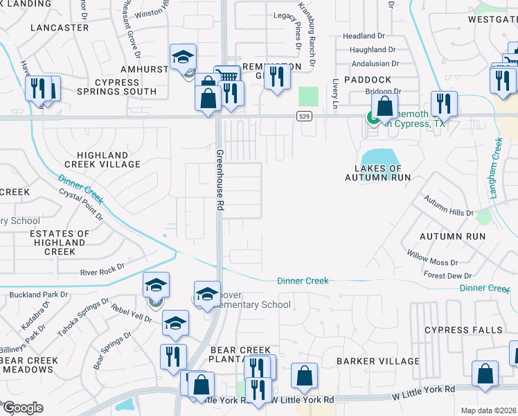 map of restaurants, bars, coffee shops, grocery stores, and more near 19203 Anthurium Court in Katy