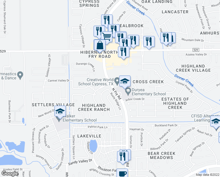 map of restaurants, bars, coffee shops, grocery stores, and more near 6822 Rusty Ridge Lane in Katy