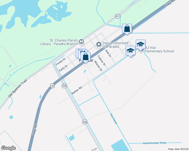 map of restaurants, bars, coffee shops, grocery stores, and more near 132 Travis Street in Paradis