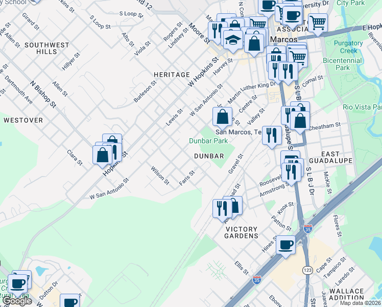 map of restaurants, bars, coffee shops, grocery stores, and more near 203 South Mitchell Street in San Marcos