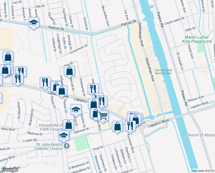 map of restaurants, bars, coffee shops, grocery stores, and more near 1829 Wedgwood Drive in Harvey