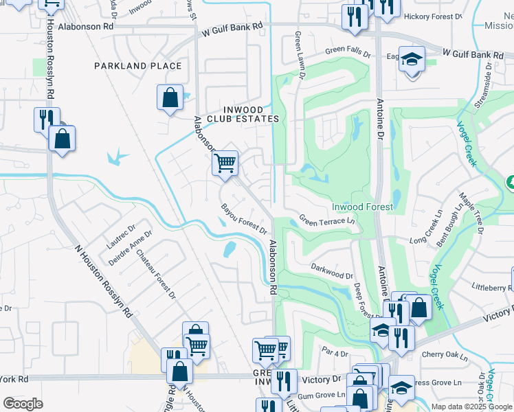 map of restaurants, bars, coffee shops, grocery stores, and more near 7214 Woodlong Drive in Houston