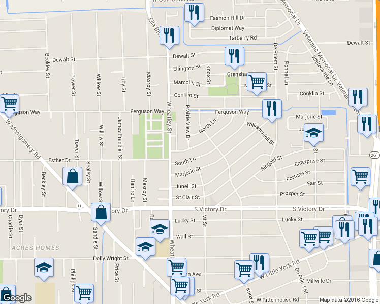 map of restaurants, bars, coffee shops, grocery stores, and more near 1046 Reverend B J Lewis Drive in Houston