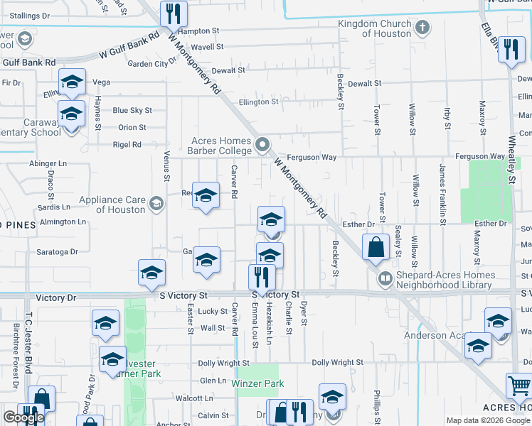 map of restaurants, bars, coffee shops, grocery stores, and more near 8121 Hezekiah Lane in Houston