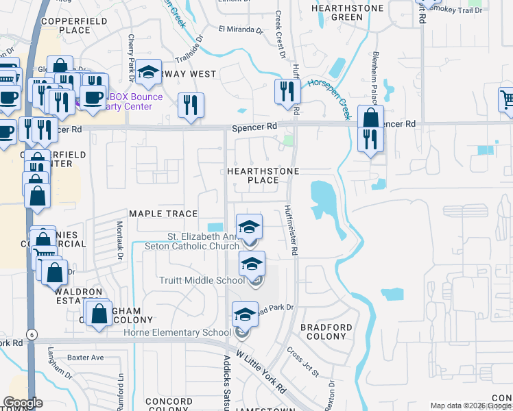 map of restaurants, bars, coffee shops, grocery stores, and more near 14839 Crimson Trail in Houston