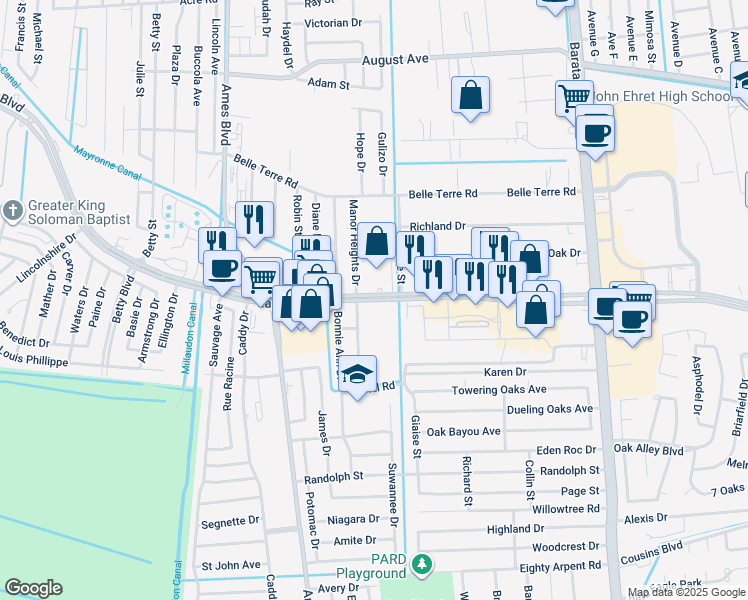 map of restaurants, bars, coffee shops, grocery stores, and more near 5401 Lapalco Boulevard in Marrero