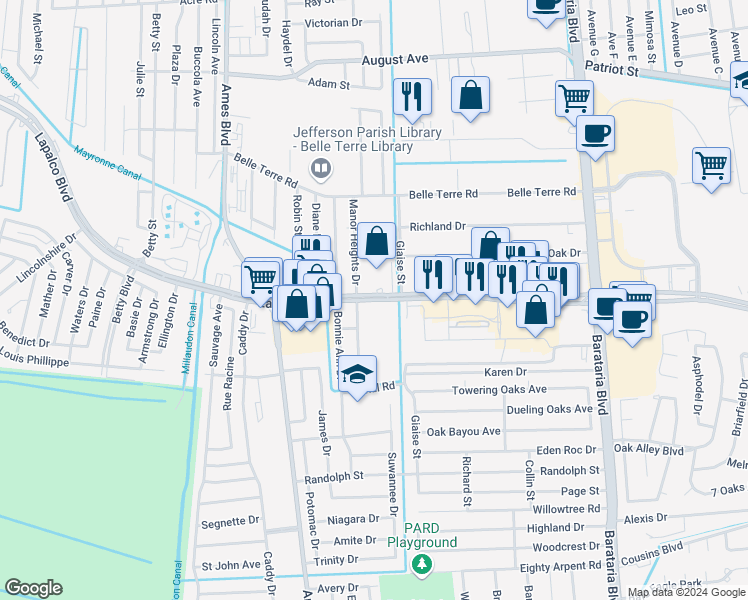 map of restaurants, bars, coffee shops, grocery stores, and more near 5401 Lapalco Boulevard in Marrero