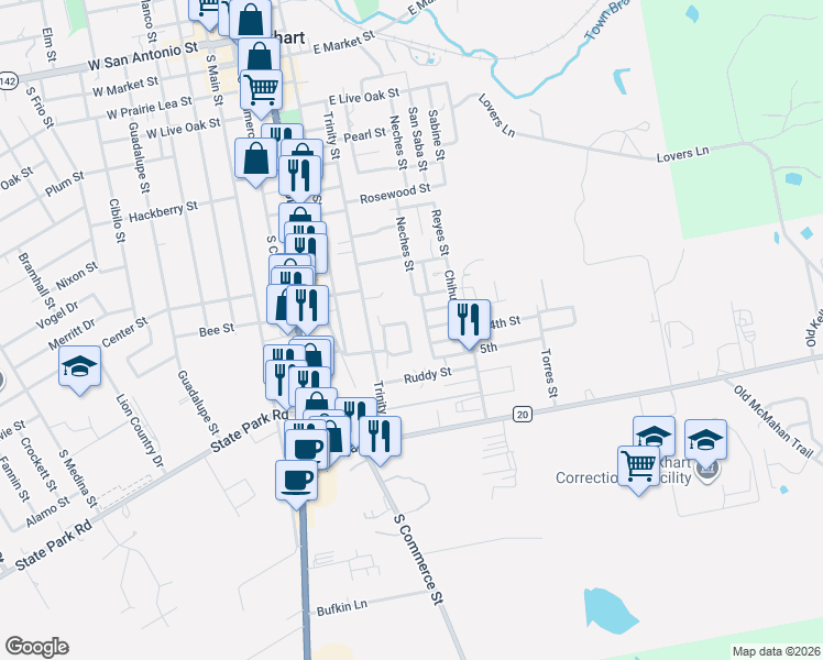 map of restaurants, bars, coffee shops, grocery stores, and more near 907 Neches Street in Lockhart