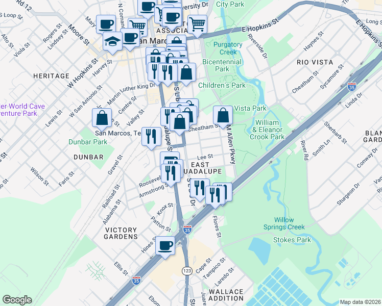 map of restaurants, bars, coffee shops, grocery stores, and more near 211 Lee Street in San Marcos
