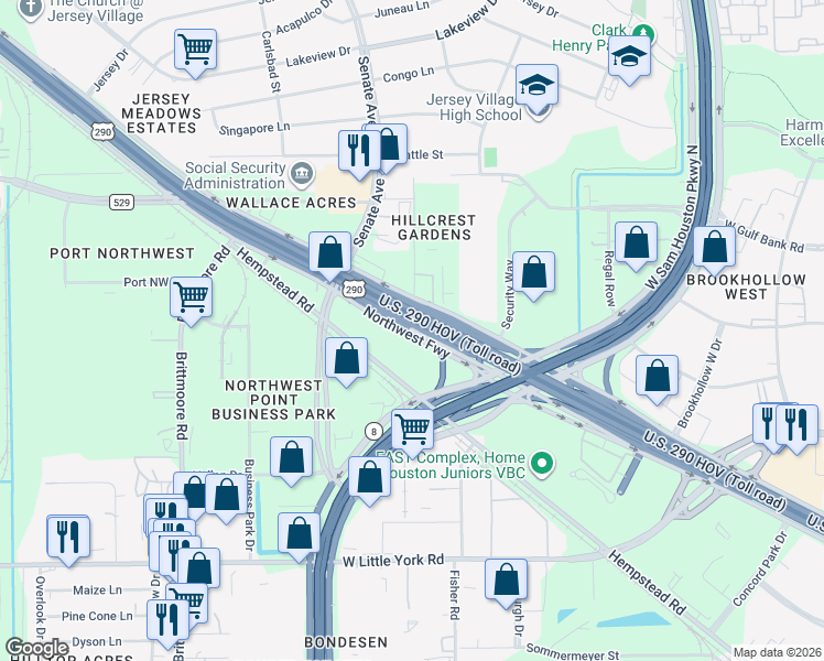 map of restaurants, bars, coffee shops, grocery stores, and more near 16112 Northwest Freeway in Jersey Village