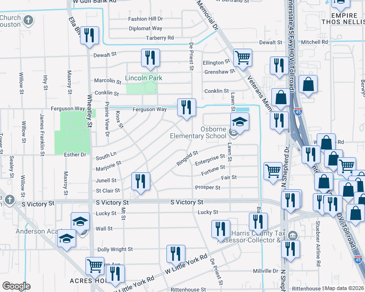 map of restaurants, bars, coffee shops, grocery stores, and more near 8015 De Priest Street in Houston