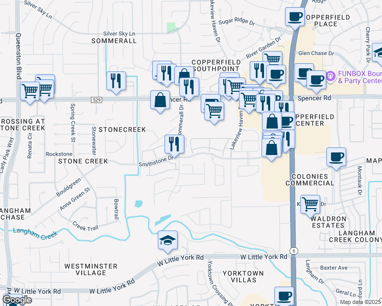 map of restaurants, bars, coffee shops, grocery stores, and more near 6723 Camden Valley Court in Houston