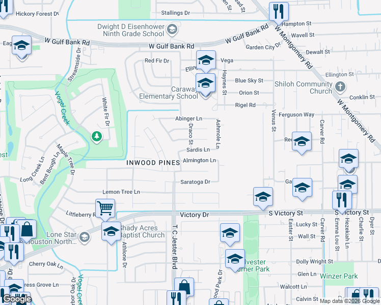 map of restaurants, bars, coffee shops, grocery stores, and more near 3519 Sardis Lane in Houston