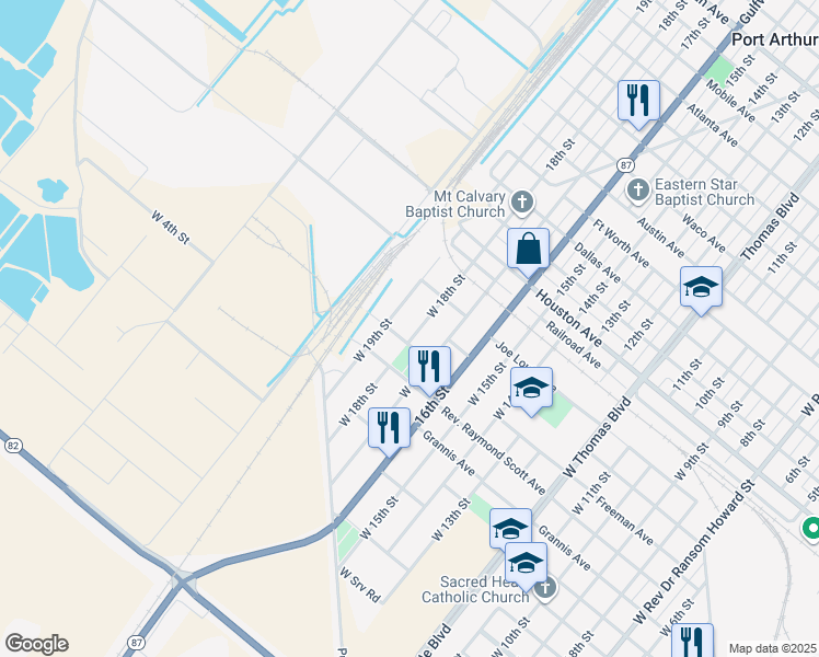 map of restaurants, bars, coffee shops, grocery stores, and more near 401 West 18th Street in Port Arthur