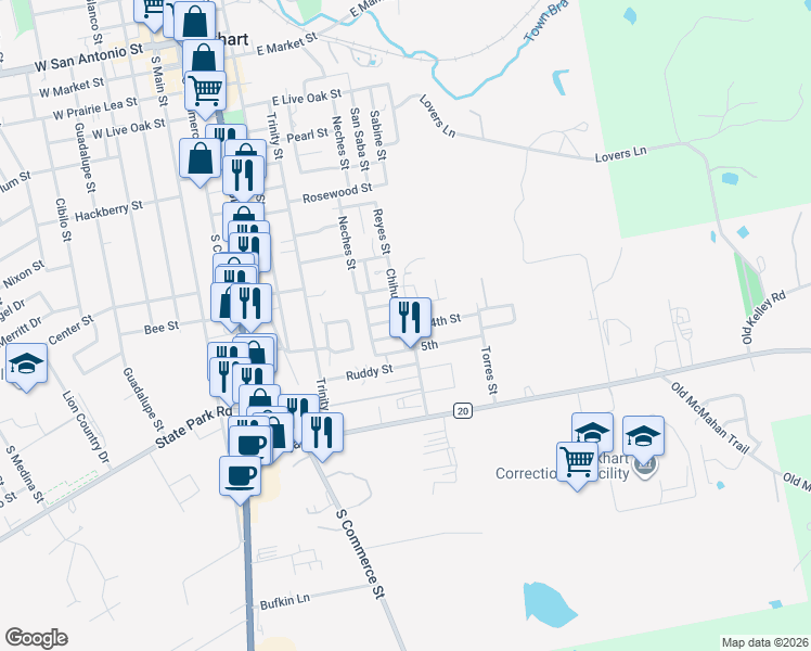 map of restaurants, bars, coffee shops, grocery stores, and more near 1001 4th Street in Lockhart