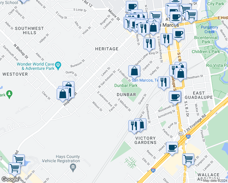 map of restaurants, bars, coffee shops, grocery stores, and more near 201 South Mitchell Avenue in San Marcos