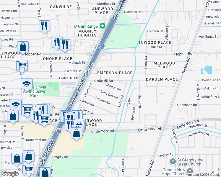 map of restaurants, bars, coffee shops, grocery stores, and more near 4425 Shelton Road in Houston