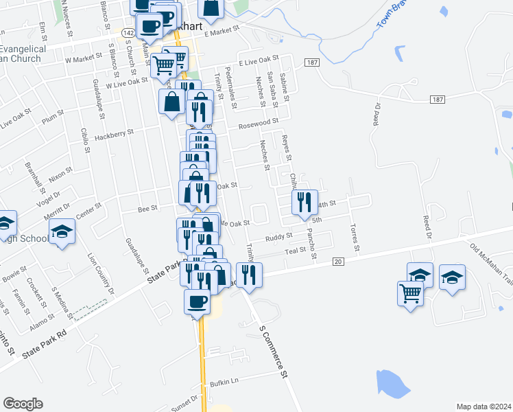 map of restaurants, bars, coffee shops, grocery stores, and more near 907 Neches Street in Lockhart