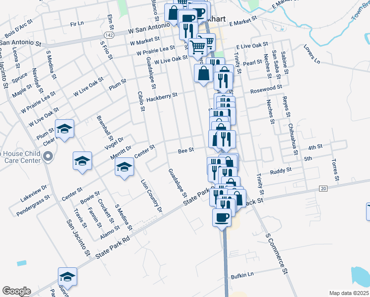 map of restaurants, bars, coffee shops, grocery stores, and more near 819 South Blanco Street in Lockhart