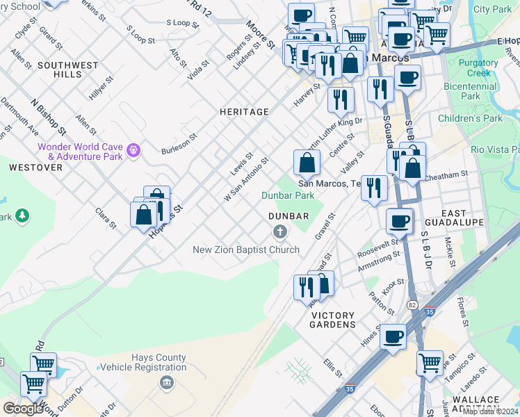 map of restaurants, bars, coffee shops, grocery stores, and more near 915 Martin Luther King Drive in San Marcos