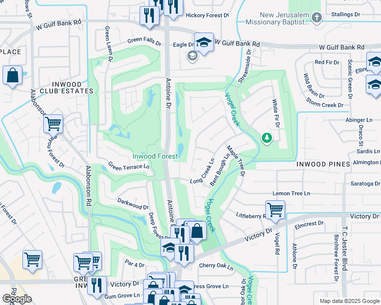 map of restaurants, bars, coffee shops, grocery stores, and more near 5706 Council Grove Lane in Houston