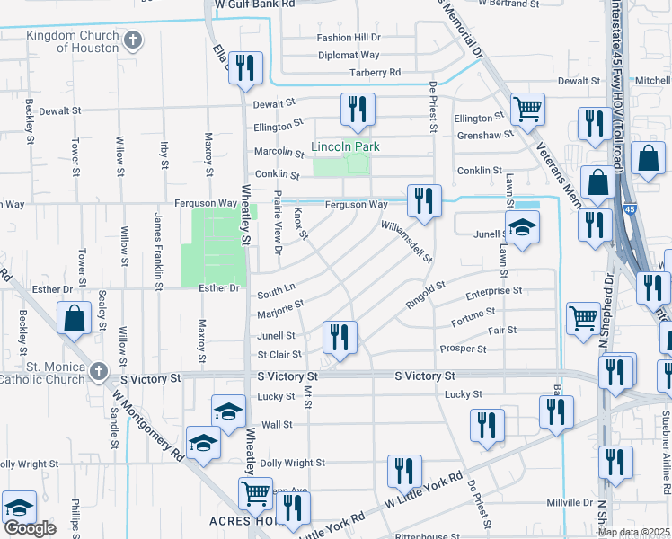 map of restaurants, bars, coffee shops, grocery stores, and more near 991 South Lane in Houston