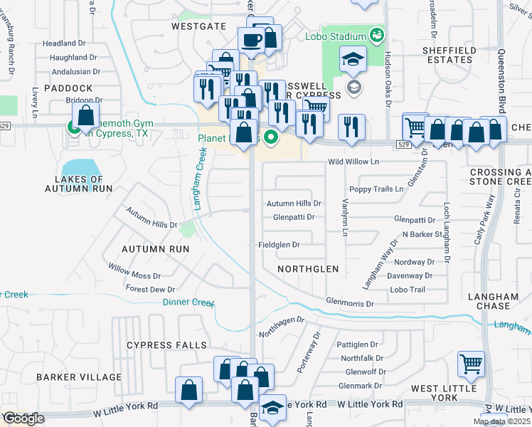 map of restaurants, bars, coffee shops, grocery stores, and more near 17922 Glenpatti Drive in Houston