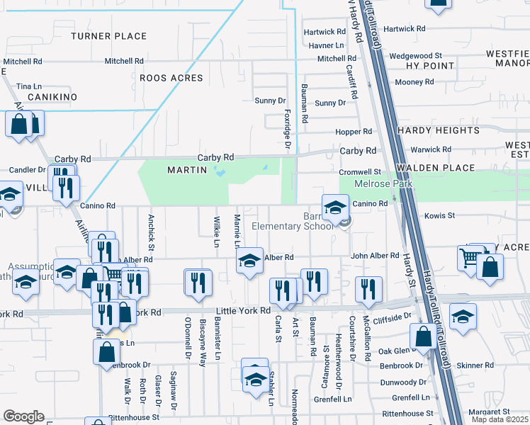 map of restaurants, bars, coffee shops, grocery stores, and more near 606 Canino Road in Houston