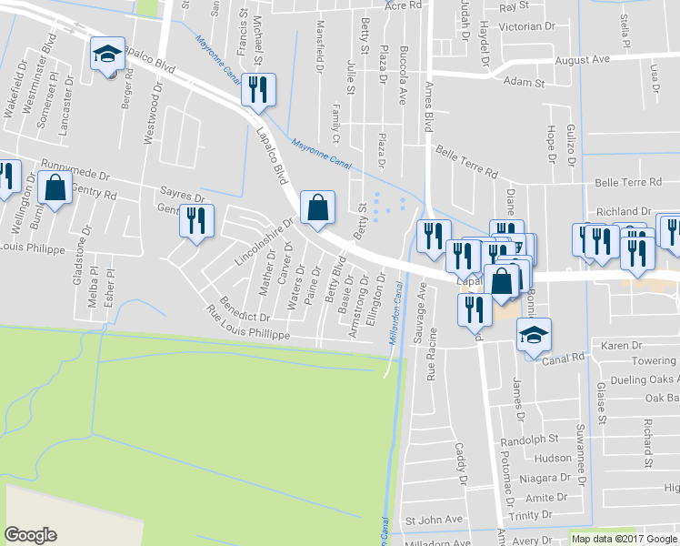 map of restaurants, bars, coffee shops, grocery stores, and more near 2017 Betty Boulevard in Marrero