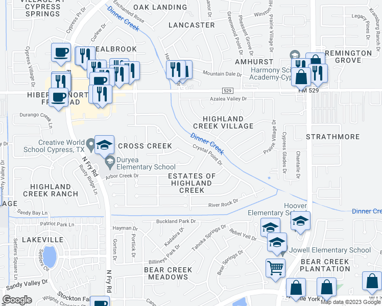map of restaurants, bars, coffee shops, grocery stores, and more near 6810 Silver Shores Lane in Katy