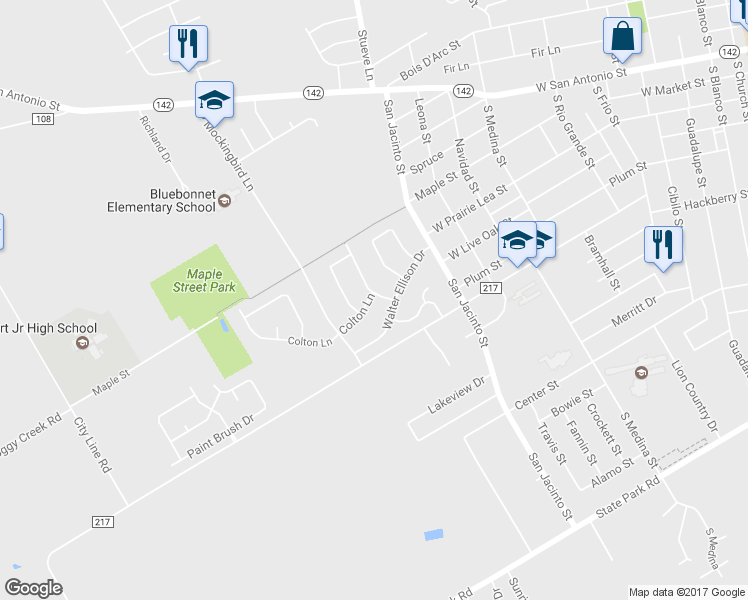 map of restaurants, bars, coffee shops, grocery stores, and more near 1316 Colton Lane in Lockhart