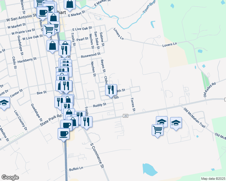 map of restaurants, bars, coffee shops, grocery stores, and more near 1001 4th Street in Lockhart