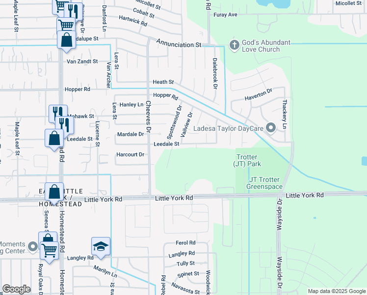 map of restaurants, bars, coffee shops, grocery stores, and more near 6606 Leedale Street in Houston