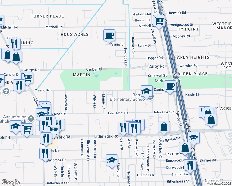 map of restaurants, bars, coffee shops, grocery stores, and more near 606 Canino Road in Houston