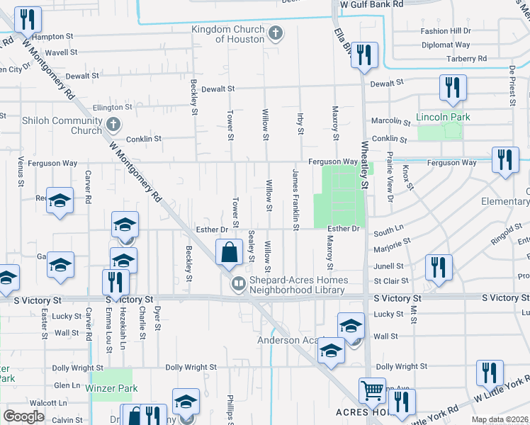 map of restaurants, bars, coffee shops, grocery stores, and more near 8200 Sealey Street in Houston