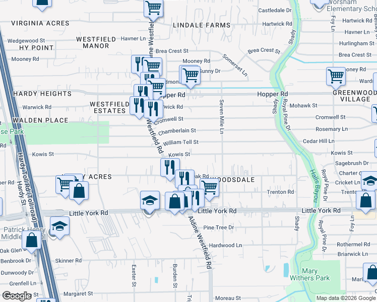 map of restaurants, bars, coffee shops, grocery stores, and more near 2207 Kowis Street in Houston