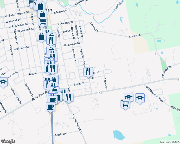 map of restaurants, bars, coffee shops, grocery stores, and more near 1001 4th Street in Lockhart
