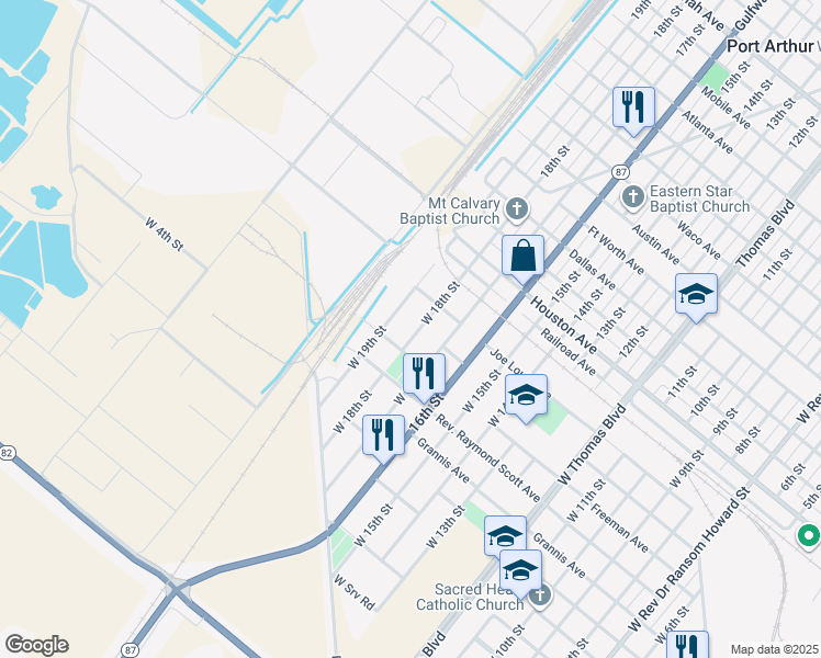 map of restaurants, bars, coffee shops, grocery stores, and more near 401 West 18th Street in Port Arthur