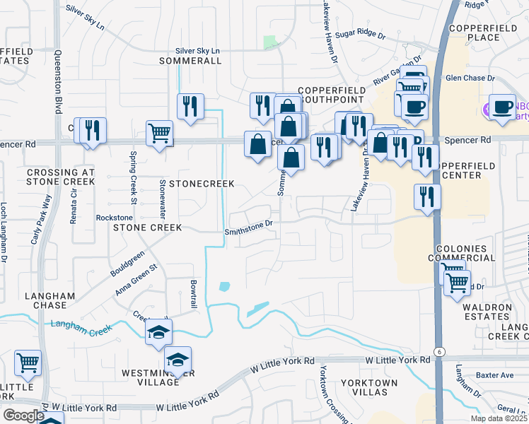 map of restaurants, bars, coffee shops, grocery stores, and more near 6777 Sommerall Drive in Houston