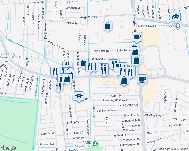 map of restaurants, bars, coffee shops, grocery stores, and more near in Marrero