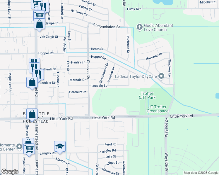 map of restaurants, bars, coffee shops, grocery stores, and more near 6606 Leedale Street in Houston