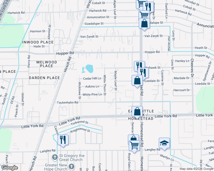 map of restaurants, bars, coffee shops, grocery stores, and more near 11002 White Thorn Street in Houston