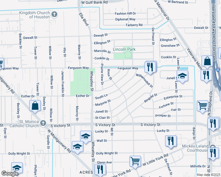 map of restaurants, bars, coffee shops, grocery stores, and more near 1015 Reverend B J Lewis Drive in Houston