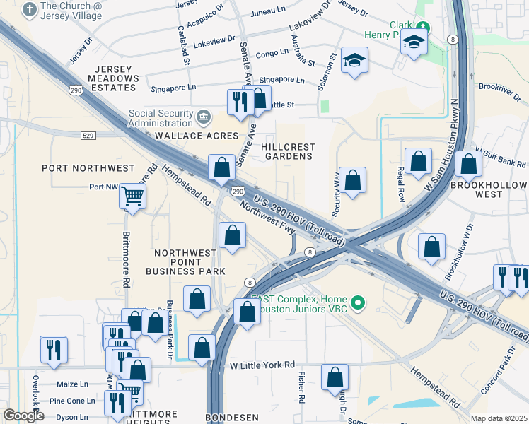 map of restaurants, bars, coffee shops, grocery stores, and more near 16112 Northwest Freeway in Jersey Village