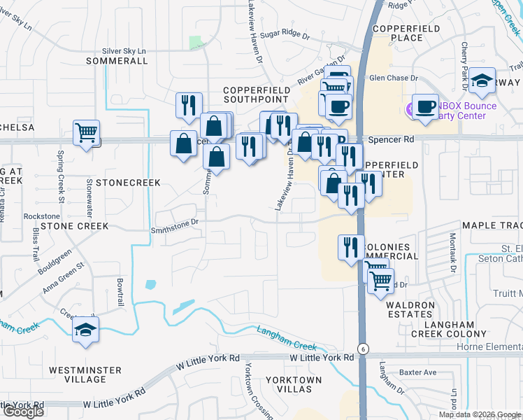 map of restaurants, bars, coffee shops, grocery stores, and more near 6833 Lakeview Haven Drive in Houston