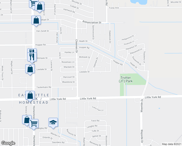 map of restaurants, bars, coffee shops, grocery stores, and more near 6606 Leedale Street in Houston