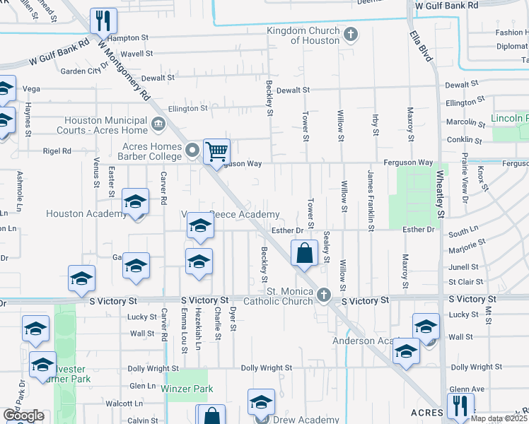 map of restaurants, bars, coffee shops, grocery stores, and more near 1834 Esther Drive in Houston