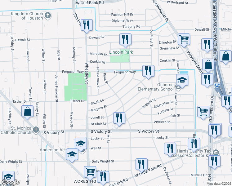 map of restaurants, bars, coffee shops, grocery stores, and more near 991 South Lane in Houston